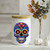 Cosmic Sugar Skull Glass Jar w/ Lid, 12 oz, Glossy White with Eucalyptus Leaves and White Pumpkins