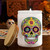 Sugar Skull Glass Jar w/ Lid, 12 oz, Glossy White with Bamboo Lid and Candle on Ofrenda
