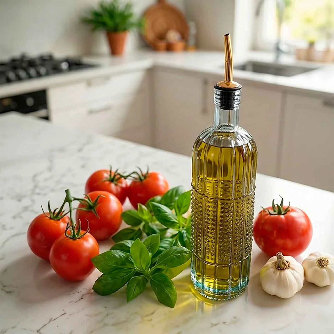 16 oz Tuscany Bottle on Kitchen Counter with Herbs, Tomatoes, and Garlic for Cooking Dinner