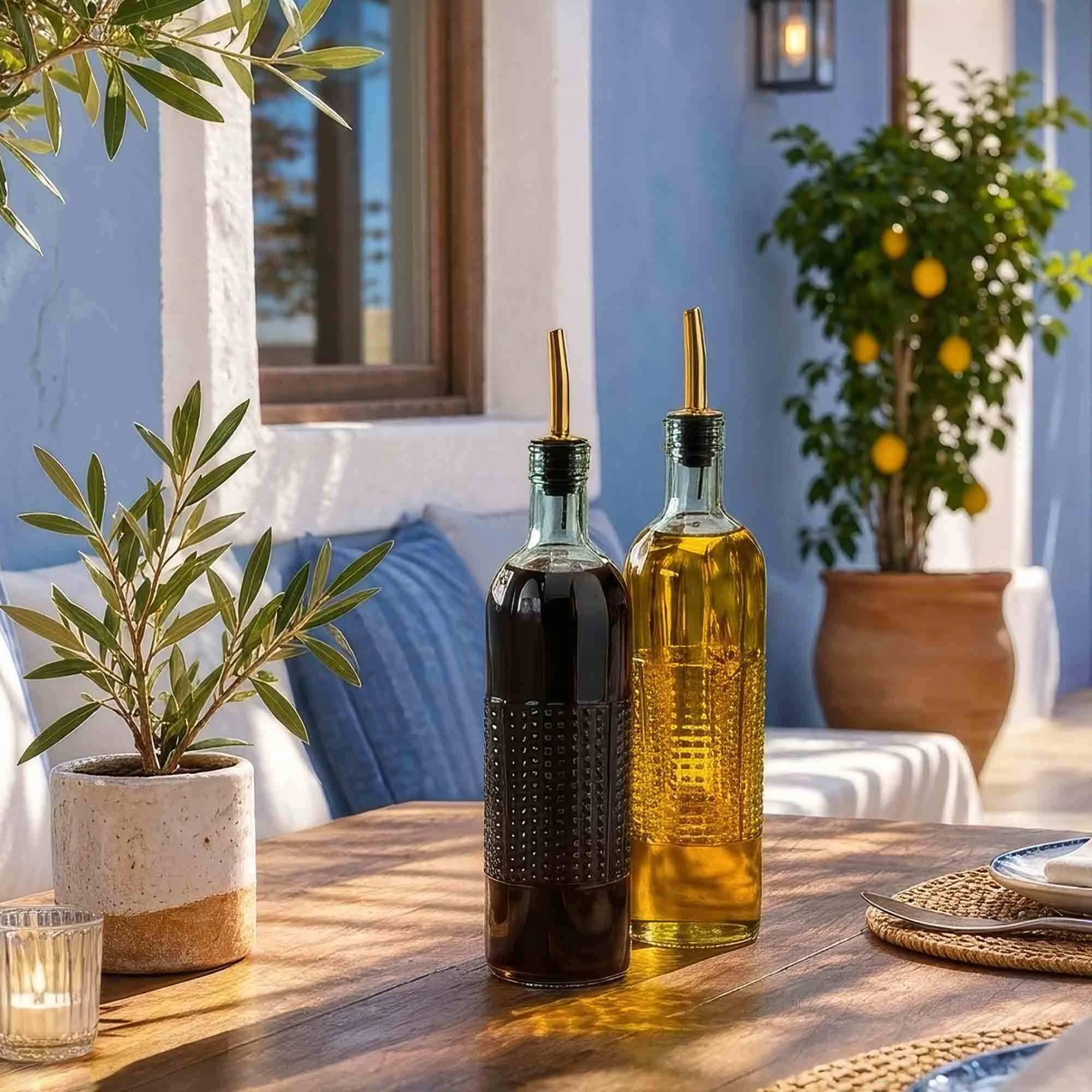 16 oz Tuscany Olive Oil Bottle with Oil and Vinegar on Outdoor Table with Greek or Italian Theme