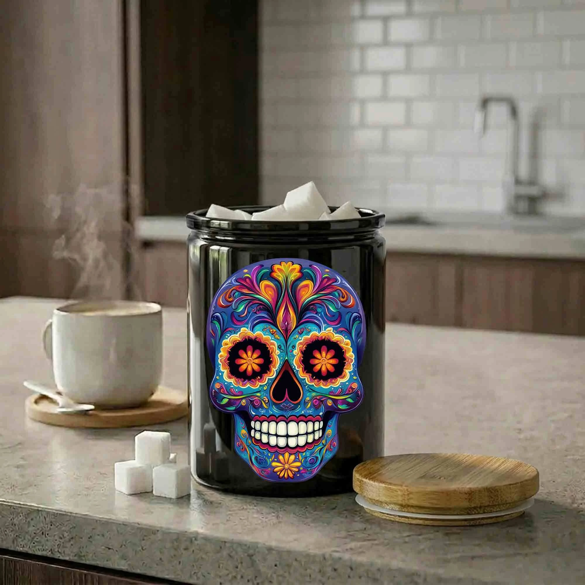 12 oz Sugar Skull Black Jar on Kitchen Island Full of Sugar Cubes by Coffee Mug and Bamboo Lid