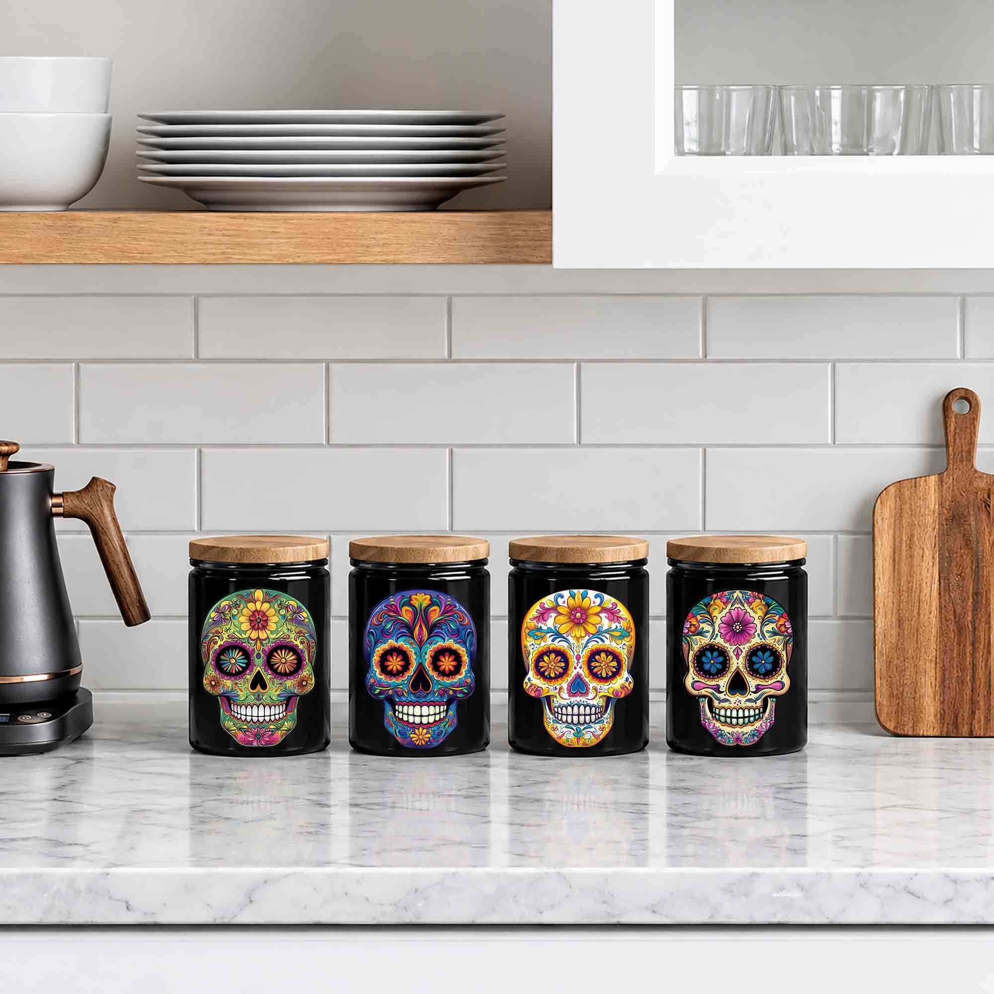 12 oz Sugar Skull Black Jars on Kitchen Counter by Electric Kettle and Cutting Board with Sugar, Flour, Tea, Coffee