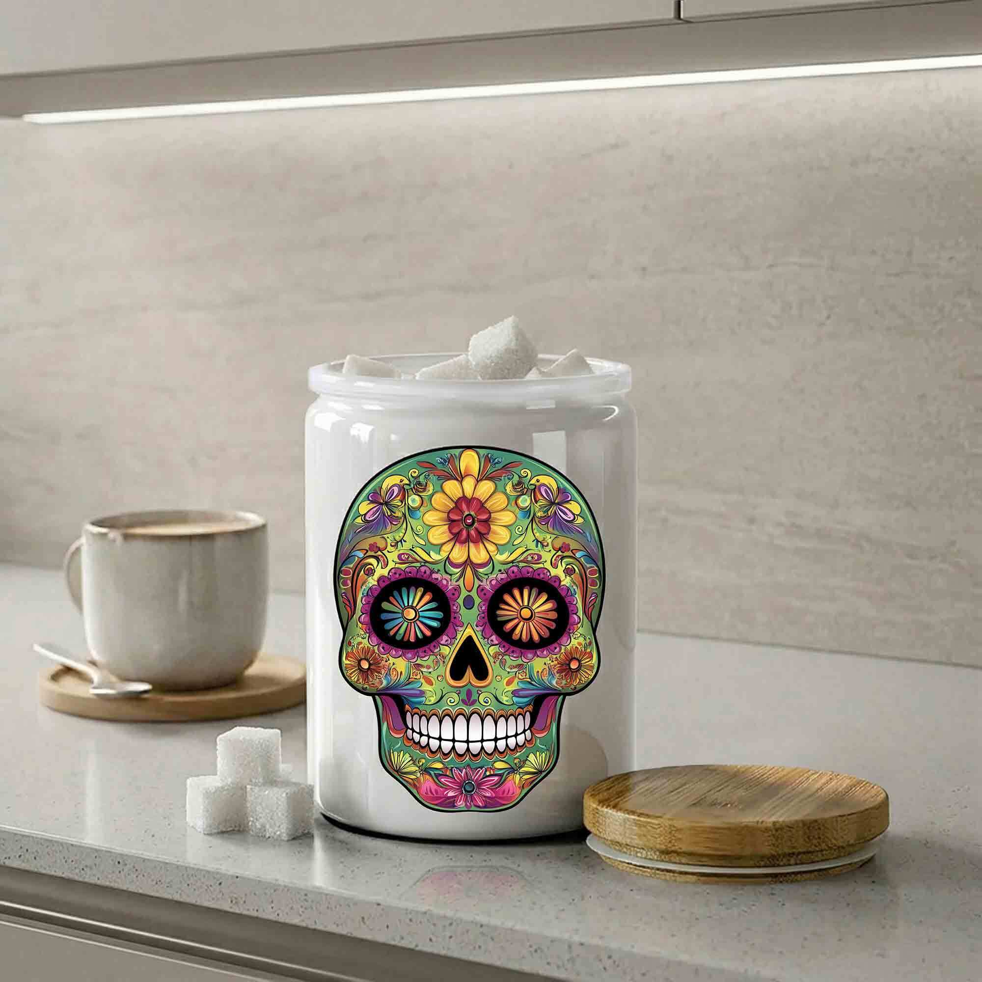 12 oz Sugar Skull White Jar on Kitchen Counter Full of Sugar Cubes by Coffee Mug and Bamboo Lid