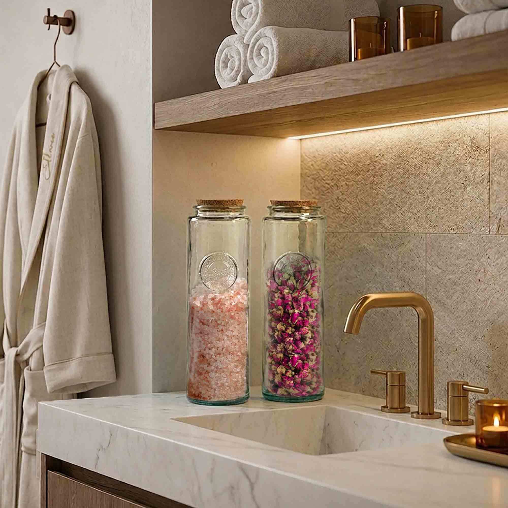 61 oz Authentic Jars on Sink Counter in Spa with Flower Petals and Bath Salts by Candles and Bathrobe