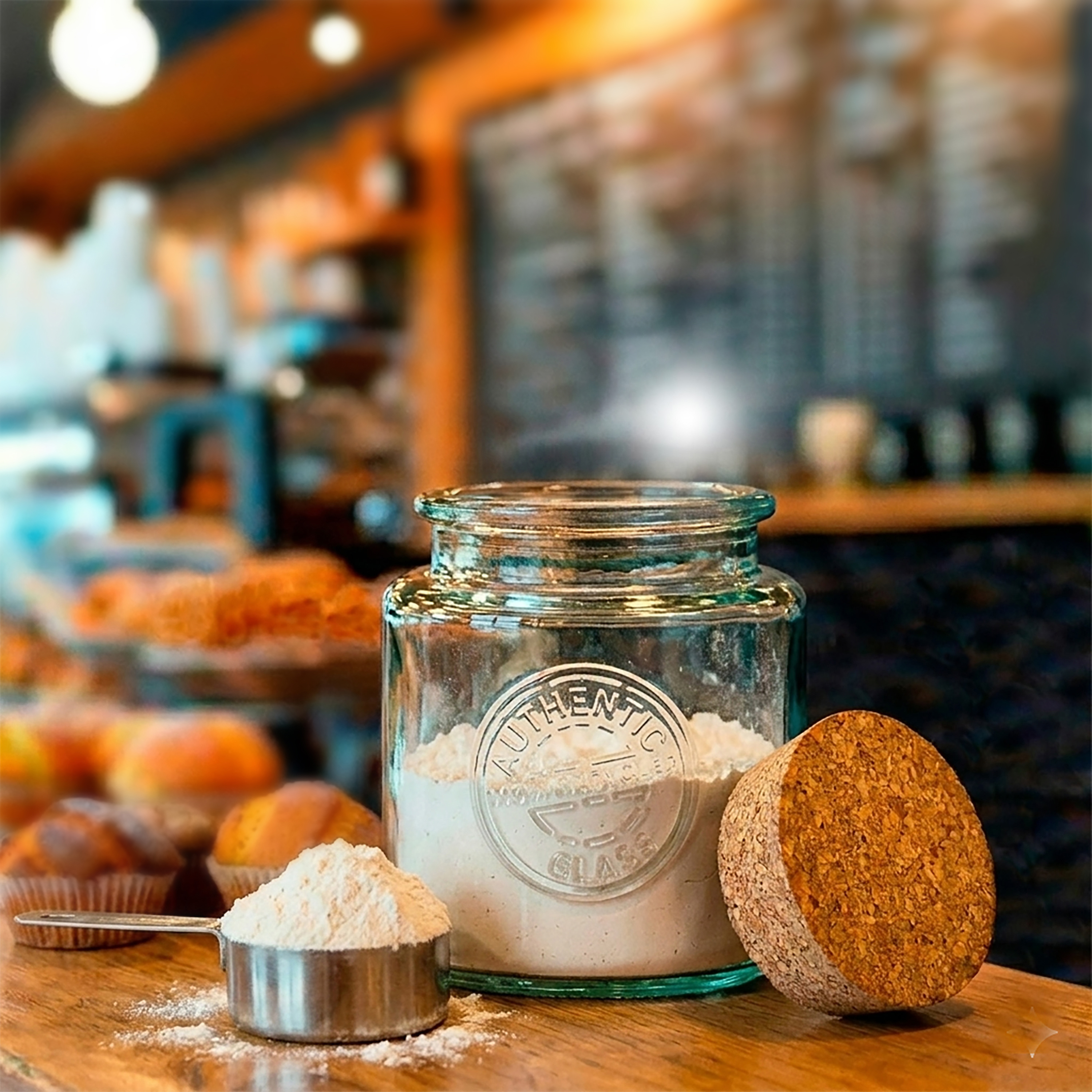 50 oz Authentic Jar with Cork with Flour in Coffee Shop Bakery on Countertop
