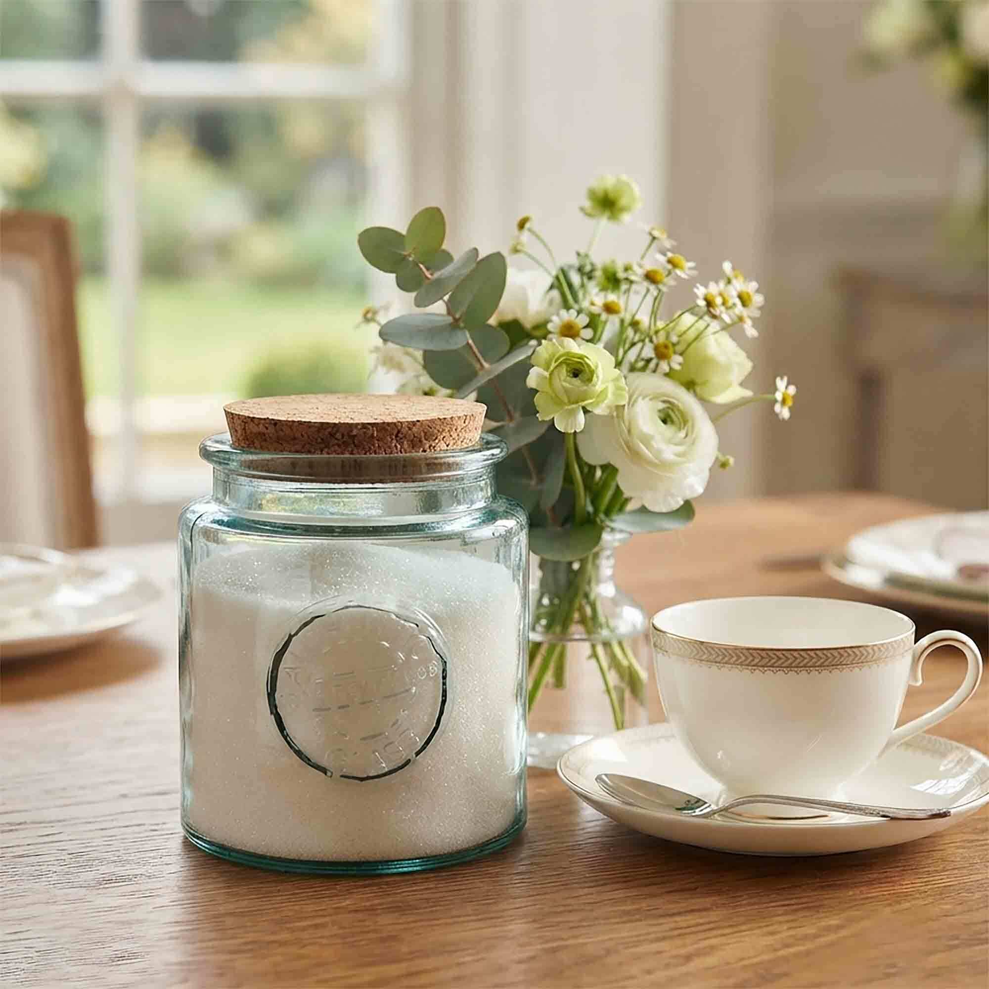 27 oz Authentic Jar with Granulated Sugar by Tea Cup and Saucer on Breakfast Nook or Dining Room Table
