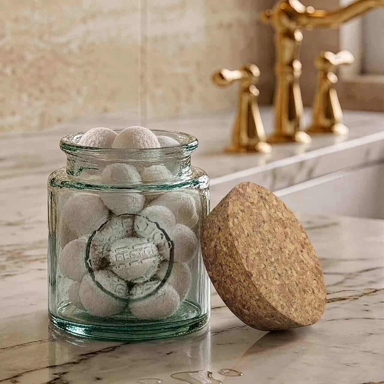 Authentic Recycled Glass Jar with Cork 8.5 oz with Cotton Balls on Bathroom Vanity Counter