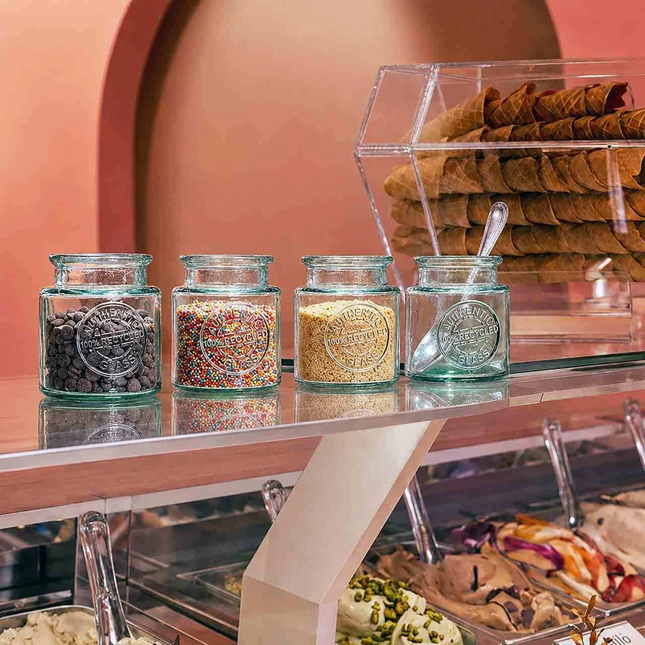 Authentic Recycled Glass Jar with Cork 8.5 oz in Gelato Shop with Sprinkles and Chocolate Chips