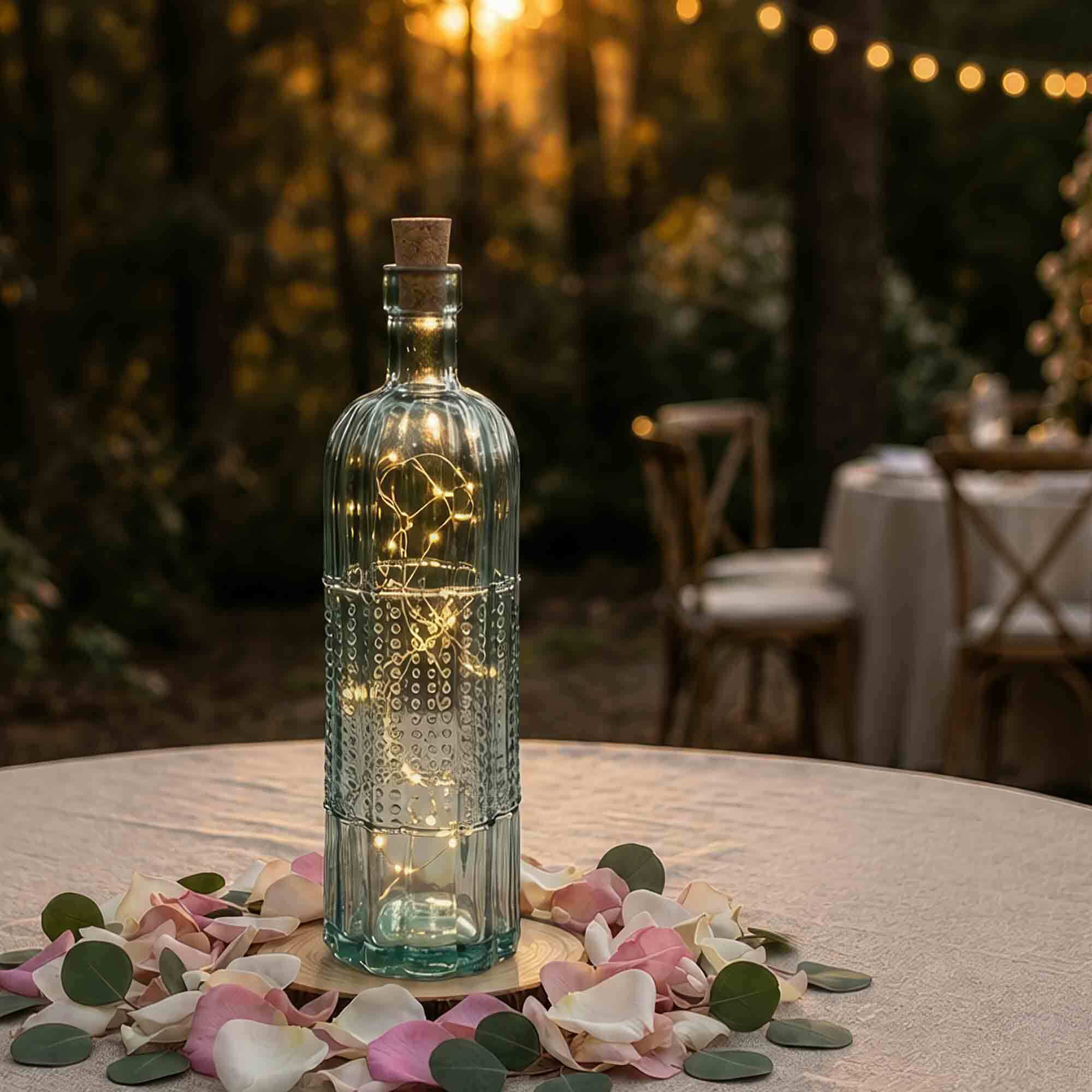 16 oz Tuscany Recycled Glass Bottle as Wedding Table Decor with Fairy Lights Outdoors