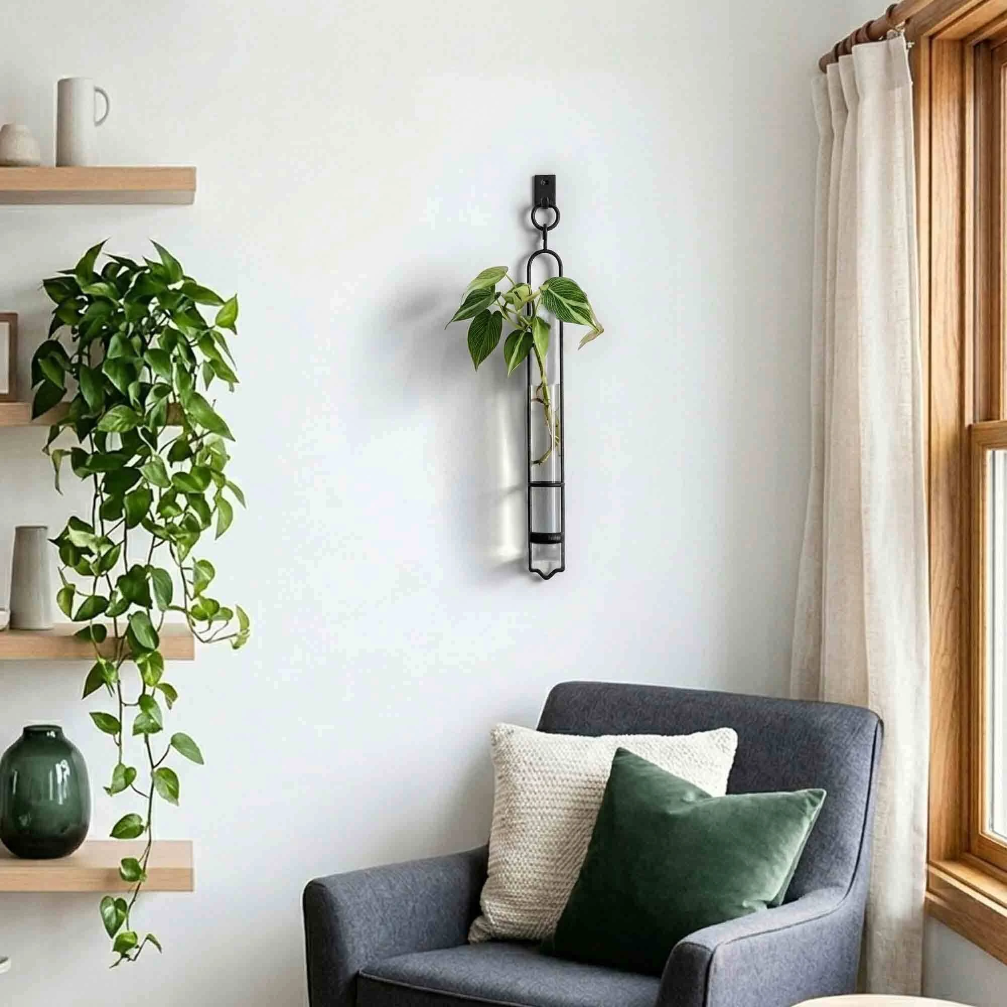 15 inch Florence Hanging Tube Vase with Ivy in Casual and Cozy Living Room