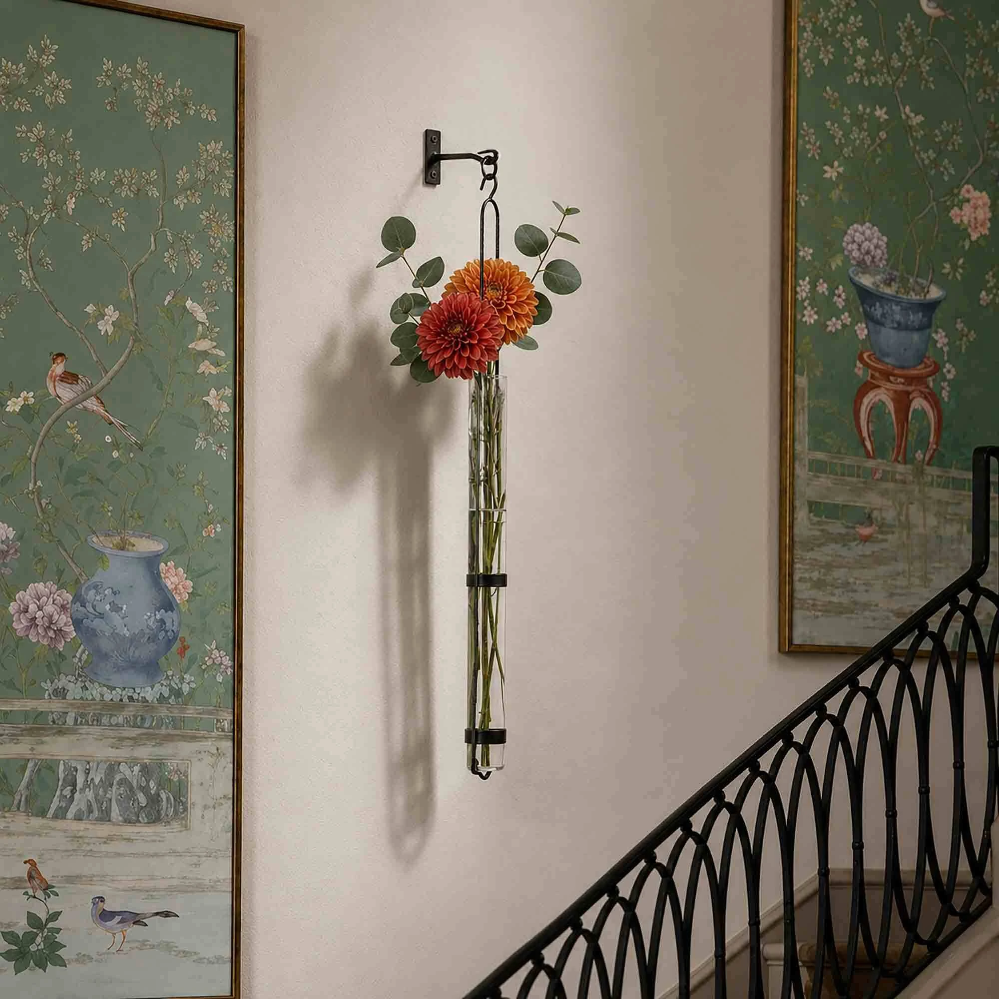 33 in Florence Hanging Pendant Tube Vase with Orange Dahlias on Staircase by Japanese Aqua Watercolor Paintings