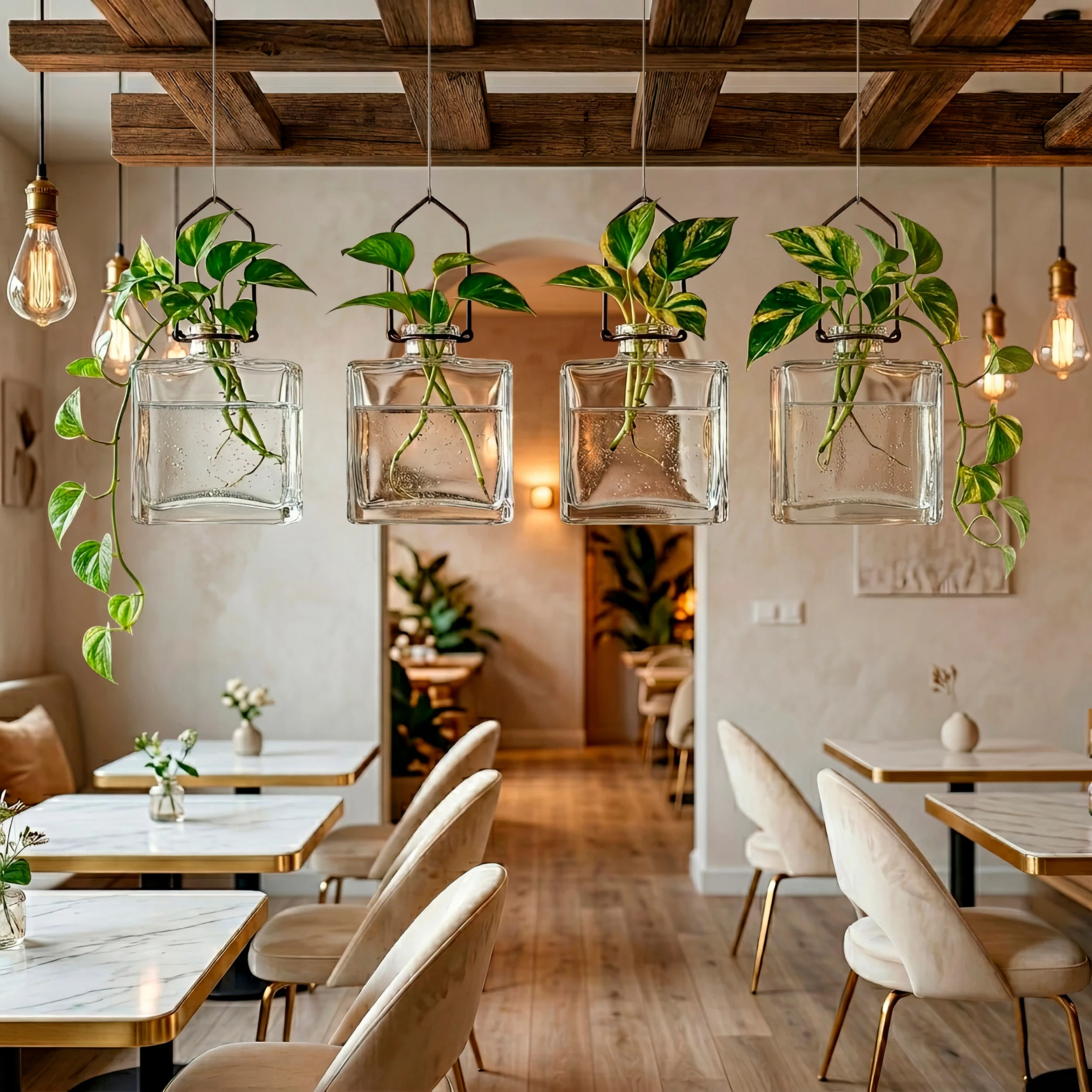 Matic Hanging Vase in Cafe Restaurant Hanging from Ceiling with Warm Lighting