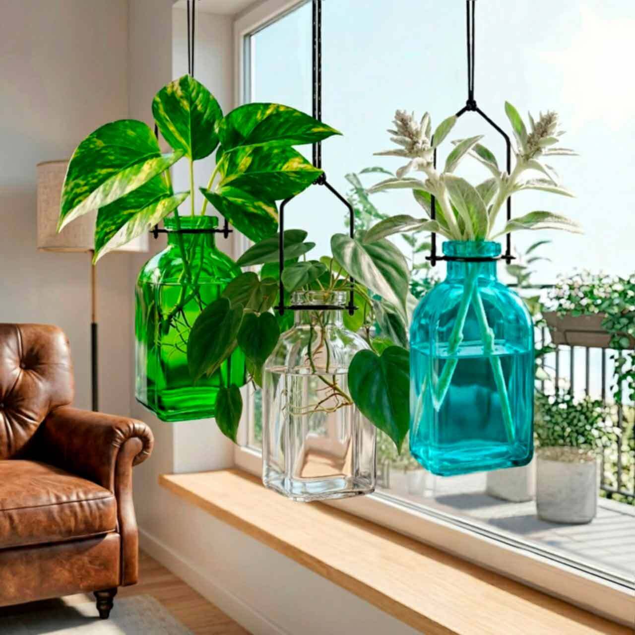 Roma Hanging Vase Lime, Clear, and Aqua with Trailing Plants in Living Room Window with Balcony View