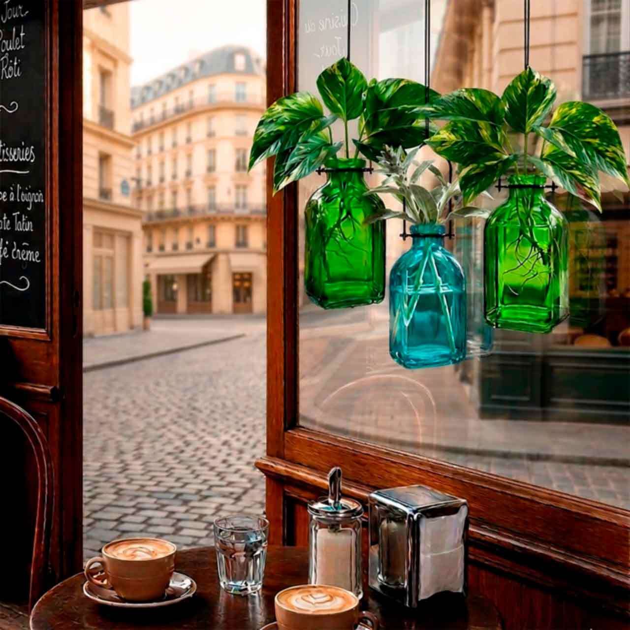 Roma Hanging Vases Lime and Aqua with Pothos in French Cafe Window with Street View