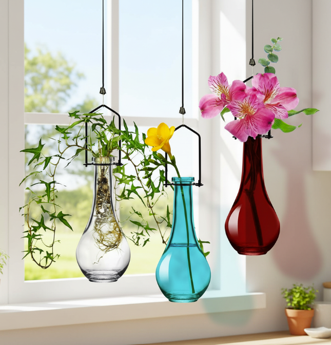 Hanging Drop Vase Trio Clear, Aqua, Red with Pink Flowers and Freesias in Window