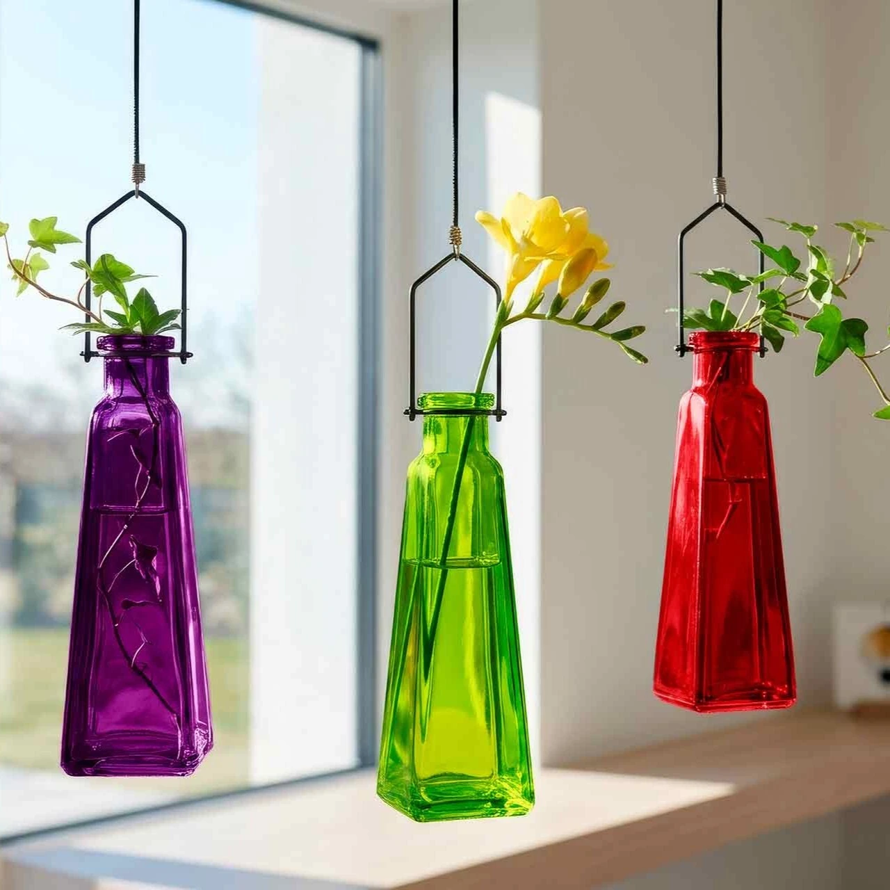Hanging Pyramid Vase Trio Lime, Red, Violet with Ivy and Freesias in Window