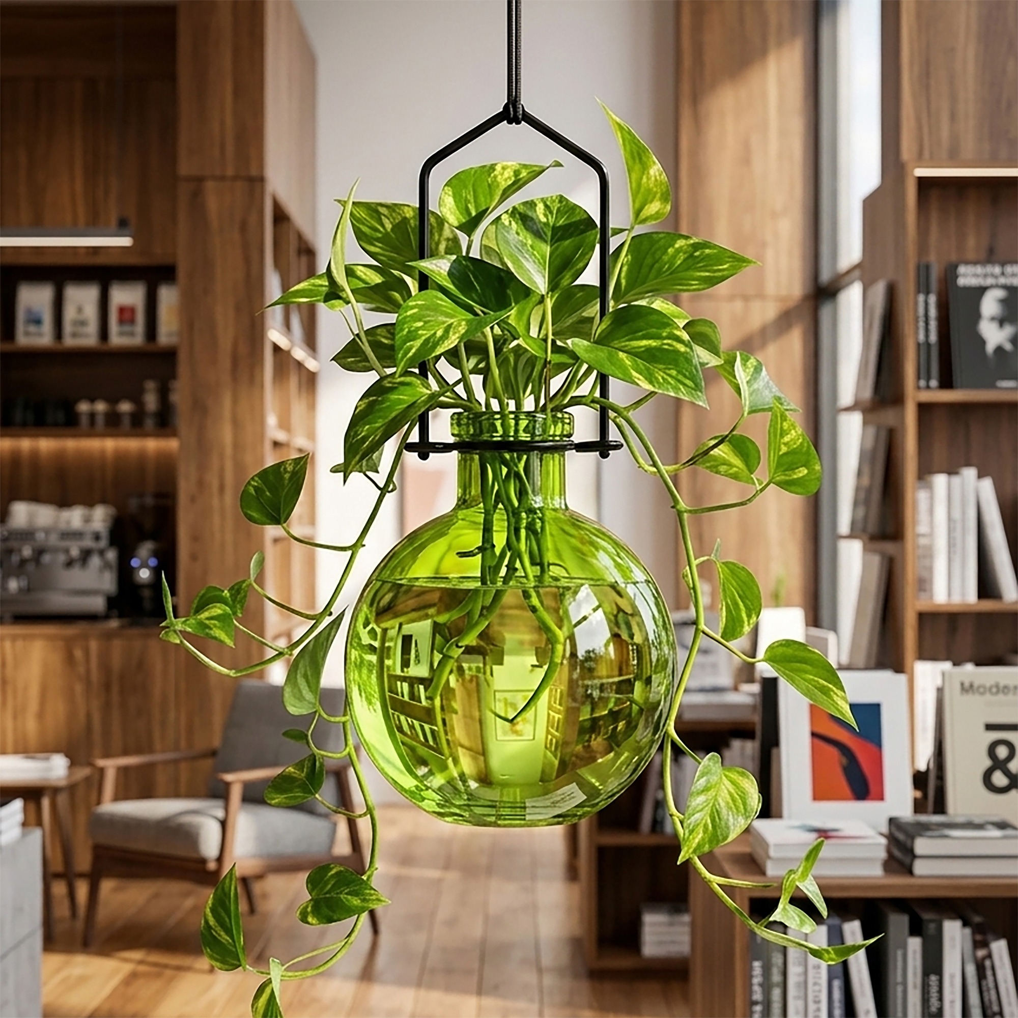 Hanging Ball Propagation Vase Lime with Rooting Pothos Plant in University Bookstore