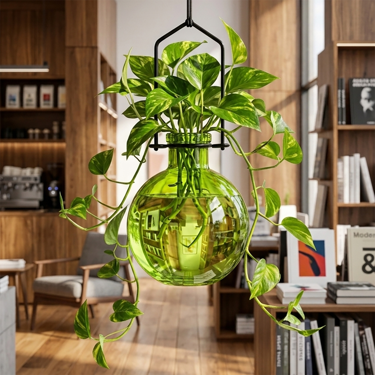 Hanging Ball Propagation Vase Lime with Rooting Pothos Plant in University Bookstore
