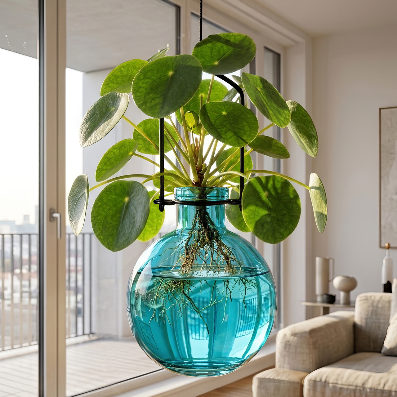Hanging Ball Vase Aqua with Rooting Pankake Plant in Living Room by Window