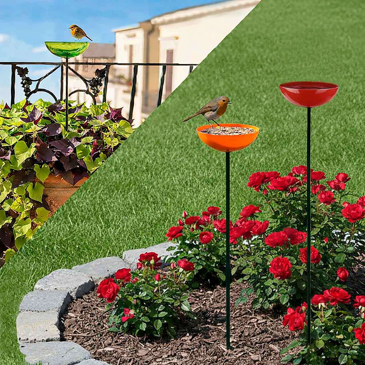 Poppy Garden Stake on Balcony with Sweet Potato and in Yard with Red Flowers and Stone Circle