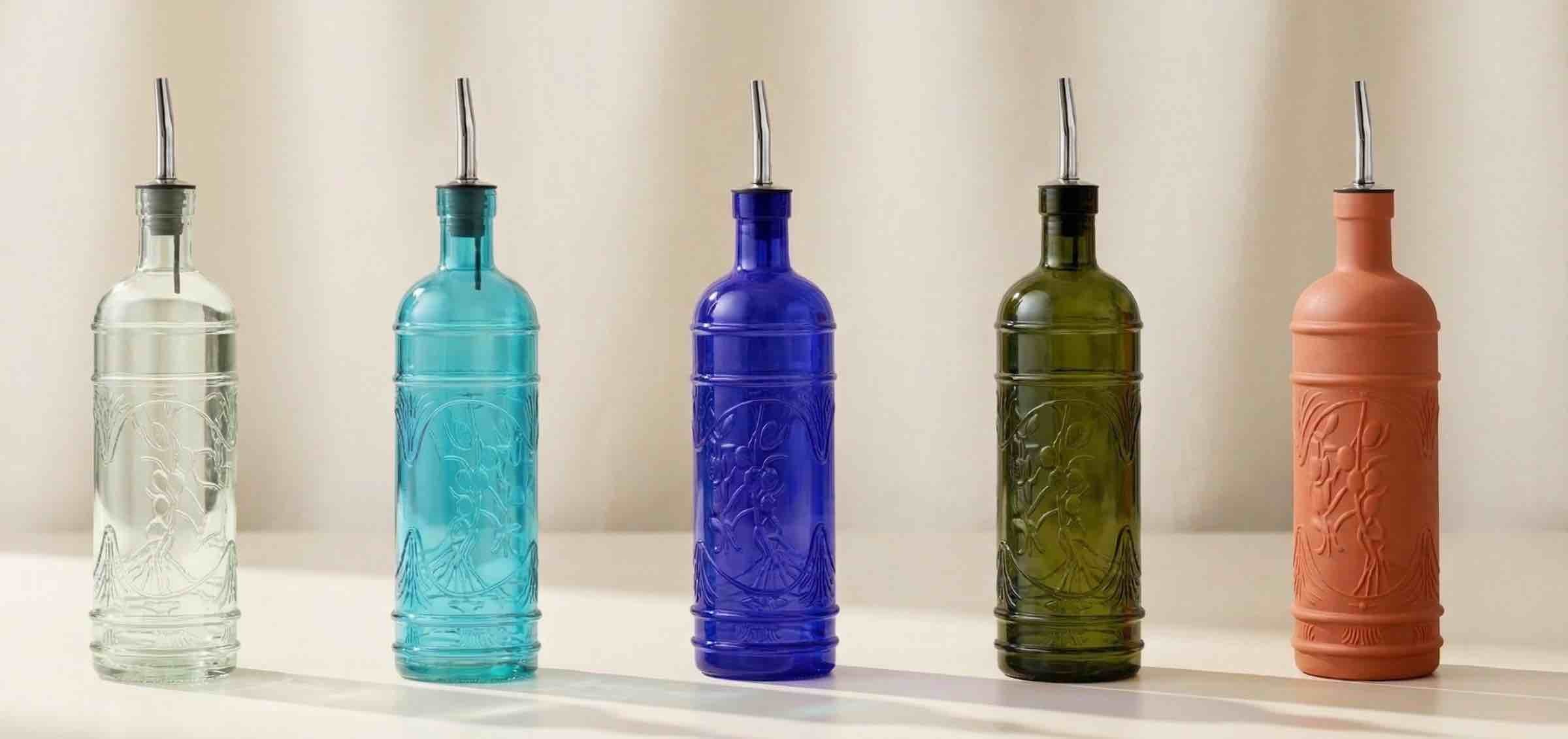 Couronne Co Olive Branch recycled glass pour spout bottles in five finishes: clear, aqua, cobalt, forest green, and terracotta