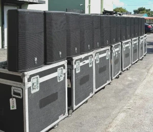 JBL PRX615M Powered Speakers in Wheeled Road Case #6740/6774(PAIR)
