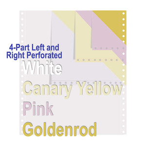 Continuous Carbonless Computer Paper 9.5 x 11, L&R Perforated | 4-Part White/Pink/Canary/Goldenrod | 15 lb. | 92 Bright - 900 Sets/Carton | 80 Cartons/Pallet