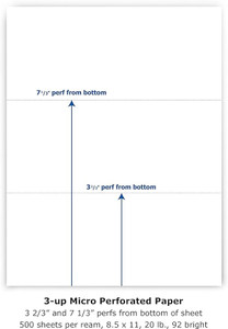Laser Cut Sheet - PrePerf & PrePunched Blank, Perf. 3-2/3" & 7-1/3" from Bottom, 8.5" x 11' - 92 Bright, 24#, 2500 Sheets per Carton, Stocking Code P