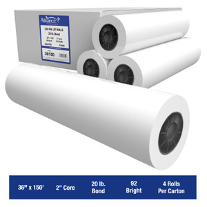 Wide Format Paper 36 x 150 Rolls CAD Bond 92 Bright, 20lb - 4 Rolls Per Carton with 2" core