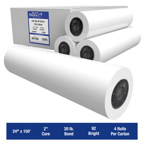 Wide Format Paper 24 In x 150 Ft CAD Bond 20lb | 92 Bright | 4 Rolls | 2" Core
