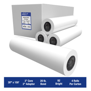 Wide Format Paper 30 x 150 CAD Bond 20lb | 92 Bright | 4 Rolls | 3" Core w/ 2" Adapter