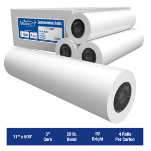Wide Format Paper 11" x 500' Bond Engineering Rolls 20#, 4 Rls/Ctn, 3" Core, Not Taped, Stocking Code S