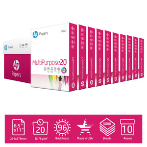 HP Printer Paper | 8.5 x 11 Paper | MultiPurpose 20 lb | 10 Ream Case - 5000 Sheets | 96 Bright