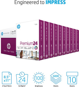 HP Printer Paper | 8.5 x 11 Paper | Premium 24 lb | 10 Ream Case - 5000 Sheets | 100 Bright