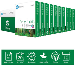 HP Printer Paper 8.5 x 11, 30% Recycled Paper 20 lb., 92 Bright 10 Ream - 5000 Sheets