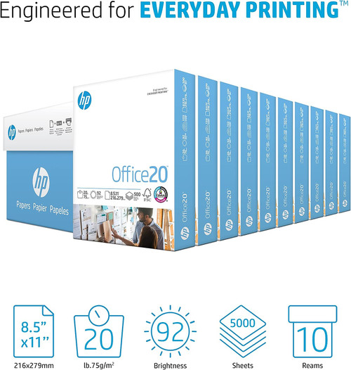 HP Printer Paper | 8.5 x 11 Paper | Office 20 lb |10 Ream - 5,000 Sheets | 92 Bright