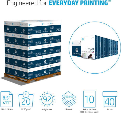 HP Printer Paper 8.5 x 11 Copy 20 lb. | 92 Bright, 5,000 Sheets/Case, 40 Cases – 200,000 Sheets