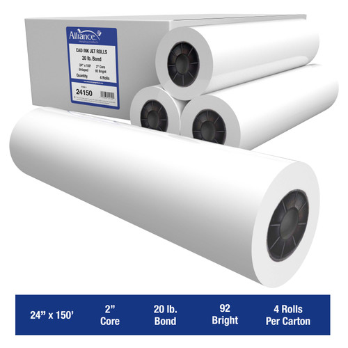 Wide Format Paper 24 In x 150 Ft CAD Bond 20lb | 92 Bright | 4 Rolls | 2" Core