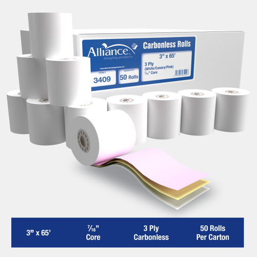 3-Ply Carbonless Receipt Add/Cash Rolls, 3 In x 65 Ft Grade A BPA Free, 50 Rls/Ctn,  7/16" Core ID, 13 lb. Paper Weight - Stocking Code P