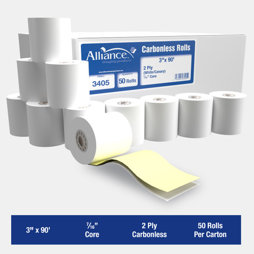 2-Ply Carbonless Receipt Rolls, 3 In x 90 Ft Grade A BPA Free, 50 Rls/Ctn,  7/16" Core ID, 13 lb. Paper Weight - Stocking Code P