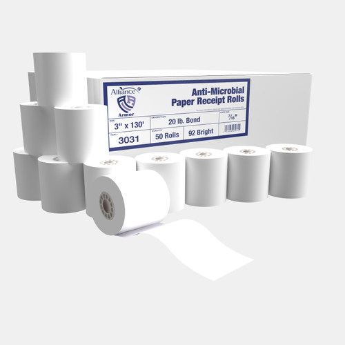 Antimicrobial Bond Receipt Add/Cash Register Rolls, 3 In x 150 Ft Grade A BPA Free, 50 Rls/Ctn,  7/16" Core ID, 20 lb. Paper Weight - Stocking Code P