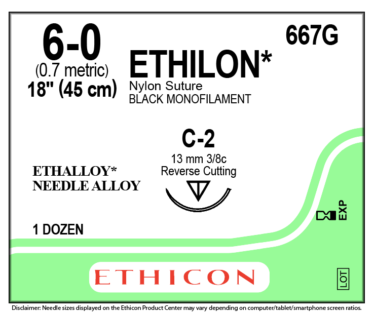 Ethicon ETHILON Suture 667G Size 6-0 18" C-2 Reverse Cutting