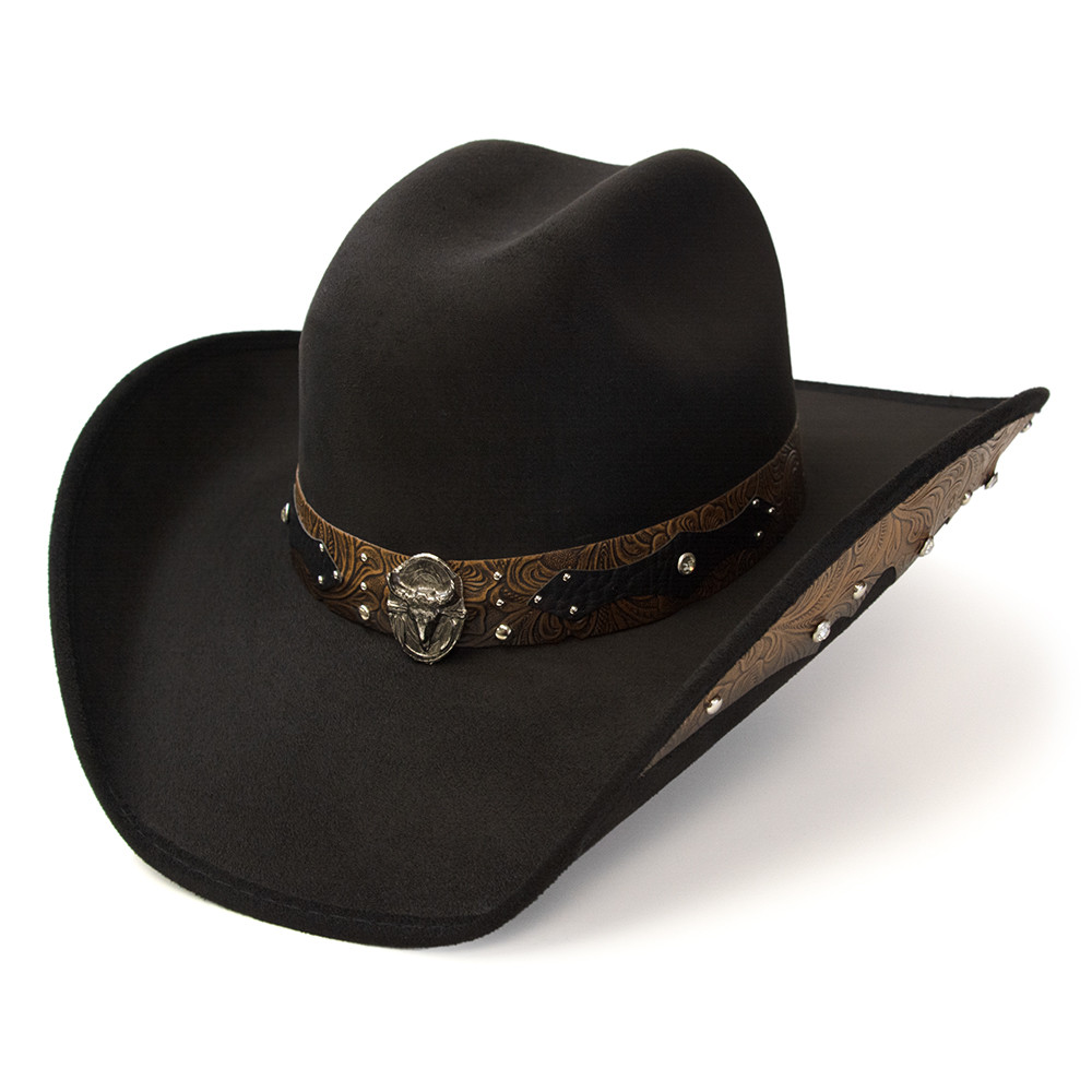 Black Suede Finish Western Hat with Steer Skull on Hat Band  display picture 2