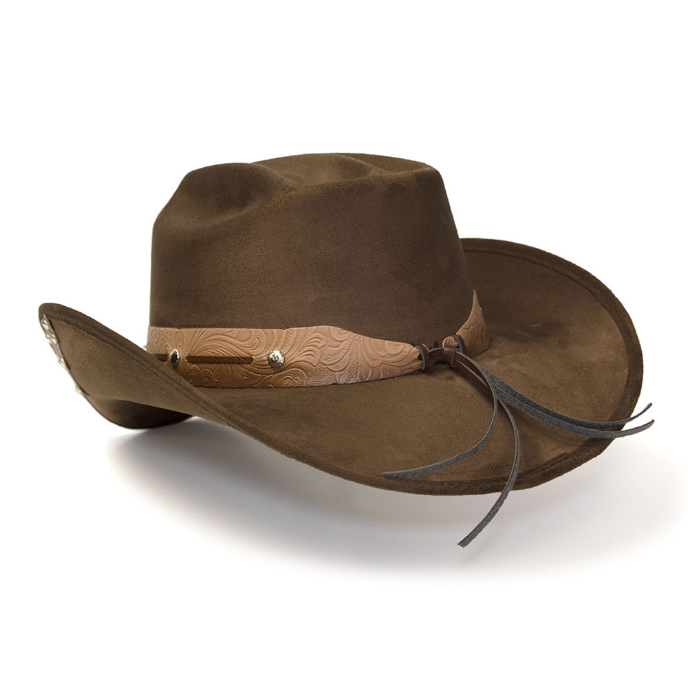 Brown Suede Finish Western Hat with Tooled Hat Band & Leather