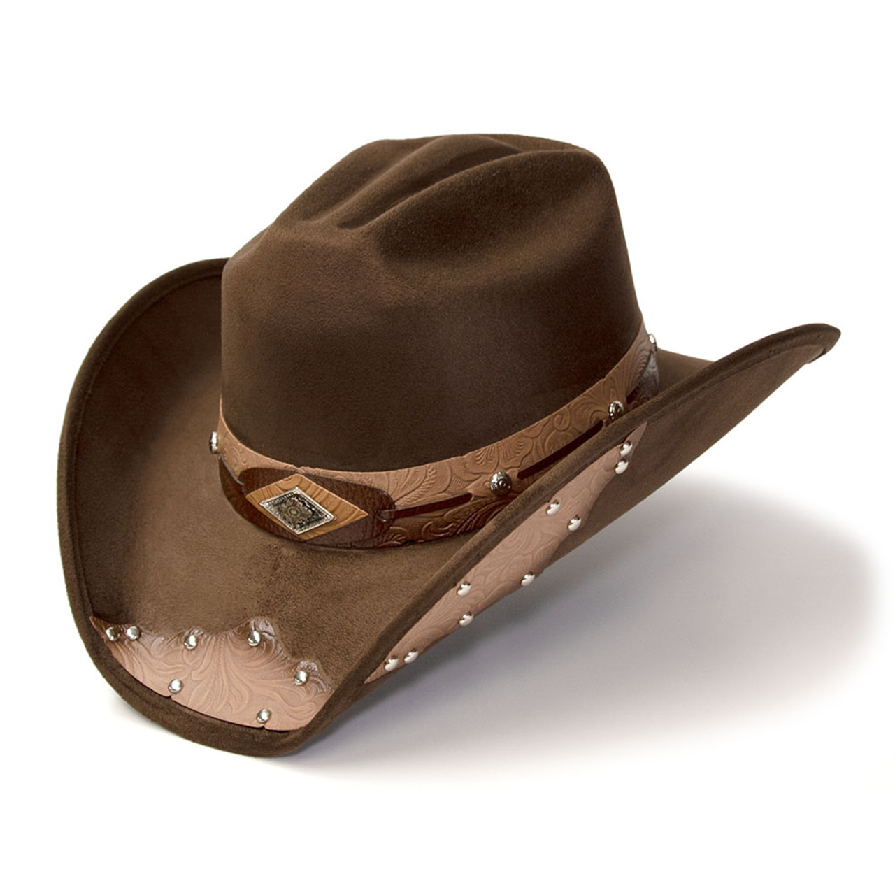 Brown & Camel Suede Like Western Hat with Sunburst Concho on Hat Band CL-98