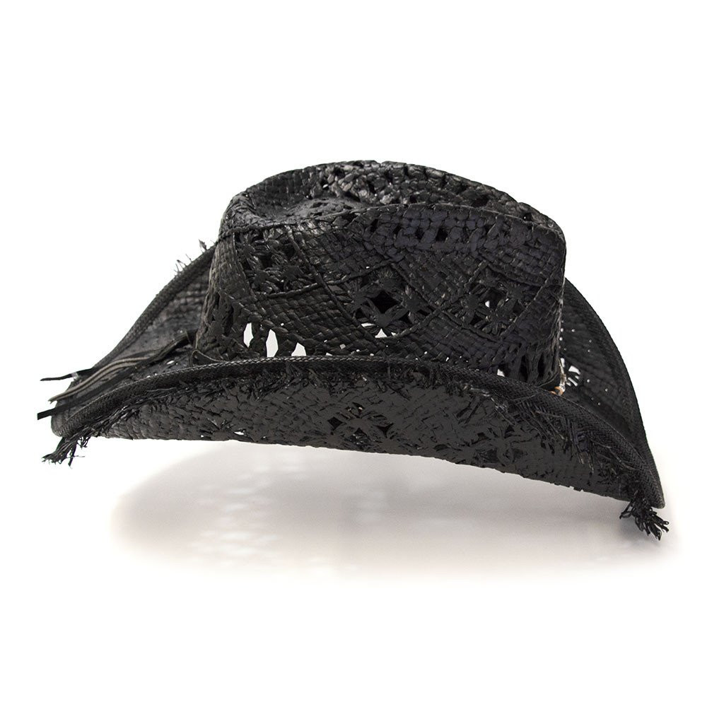 Black Straw Western Pinch Front Hat with Frayed Trim  display picture 1