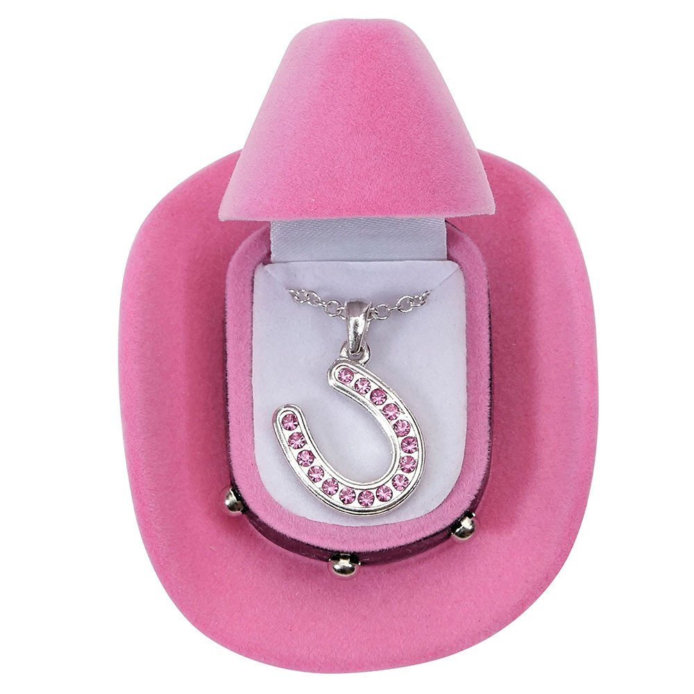 Pink Rhinestone Horseshoe Necklace in Cowboy Hat Gift Box