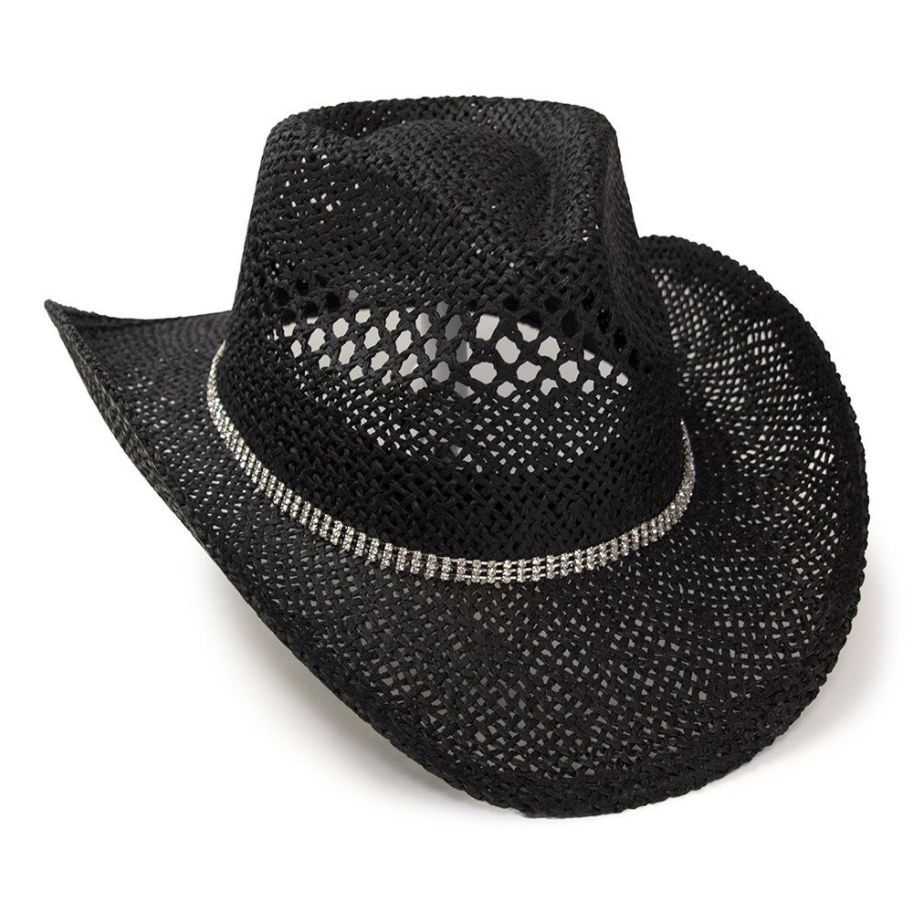 Black Twisted Straw Western Pinch Front Hat with Rhinestone  display picture 3