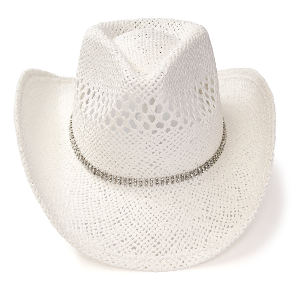 White Twisted Straw Western Pinch Front Hat with Rhinestone 