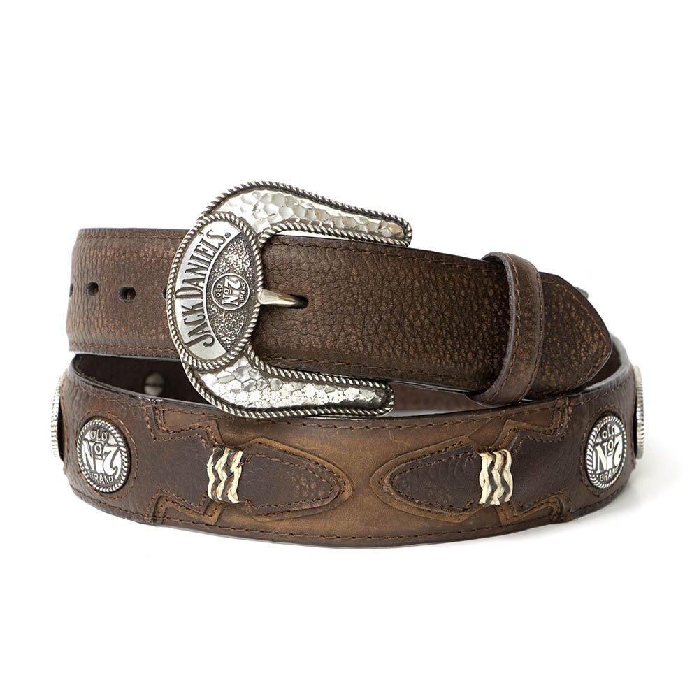 Brown Leather Belt, Silver Plated Jack Daniel's Buckle Conchos
